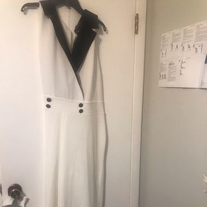 White tuxedo jump suit with black satin trim